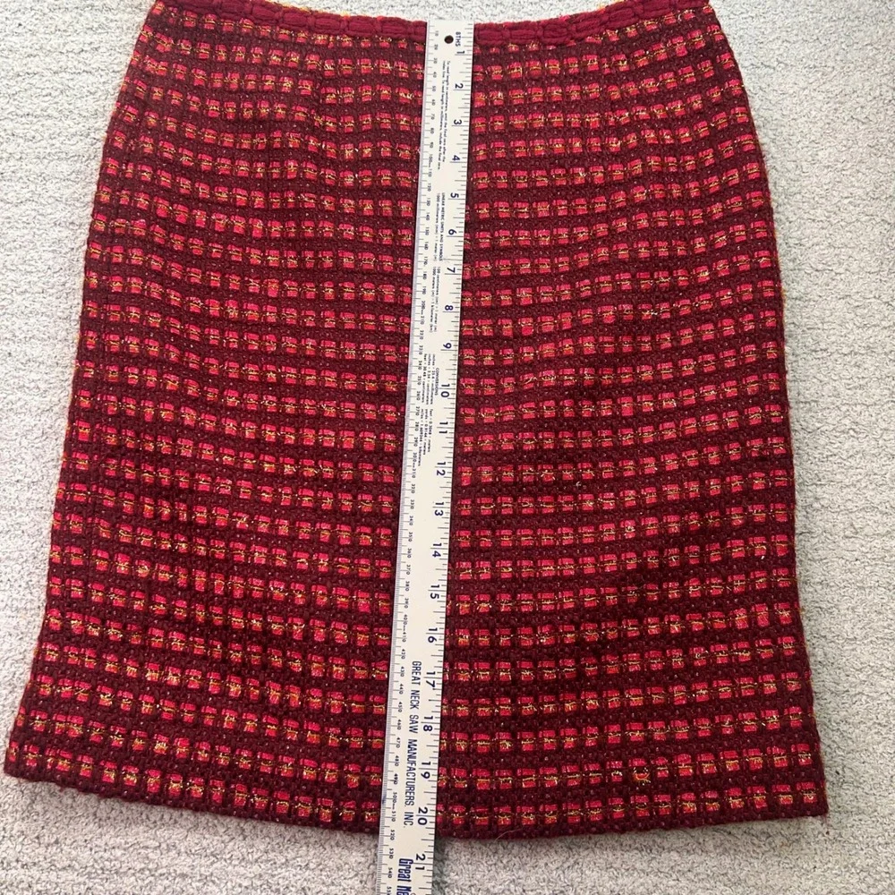 New Tory Burch Metallic Tweed Mini Skirt Burgundy Red Gold 4 Old Money Preppy